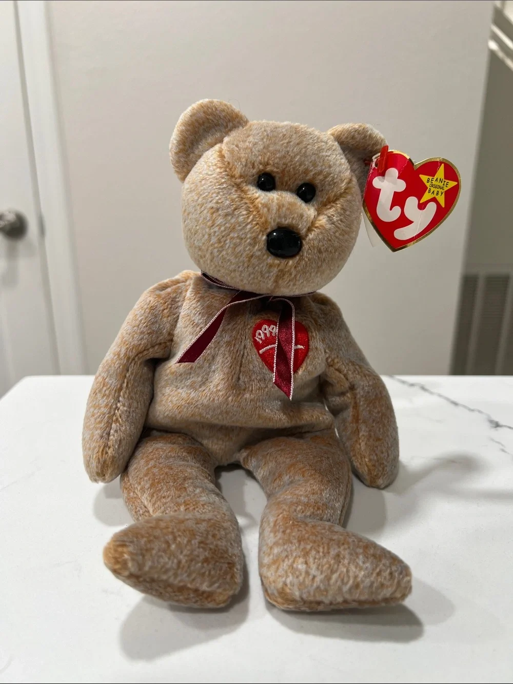 Ty 1999 Brown Beanie Baby Plush Bear with Red Heart Patch